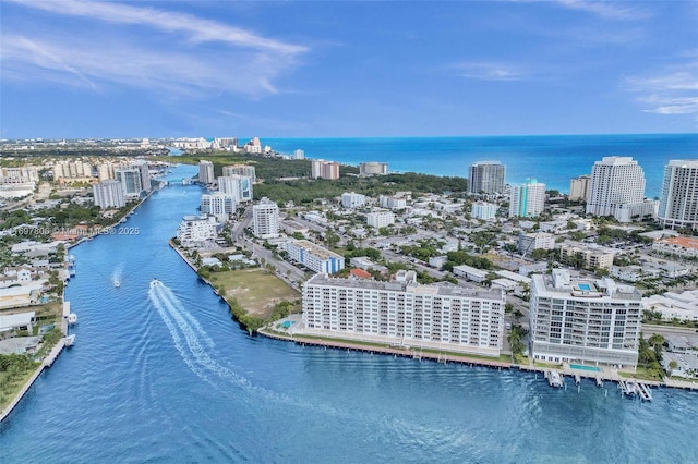 birds eye view of property featuring a water view