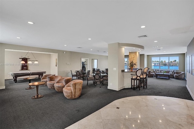 carpeted living room featuring pool table