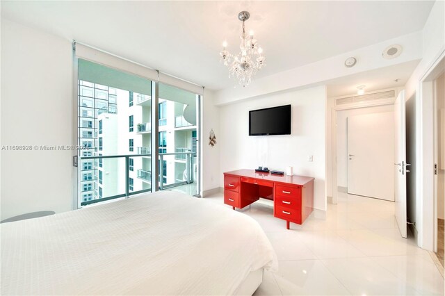 bedroom featuring a chandelier and light tile patterned floors