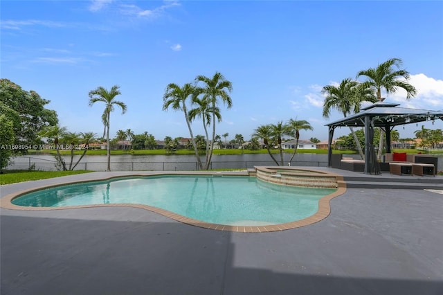 view of swimming pool with an outdoor living space, a water view, a gazebo, an in ground hot tub, and a patio