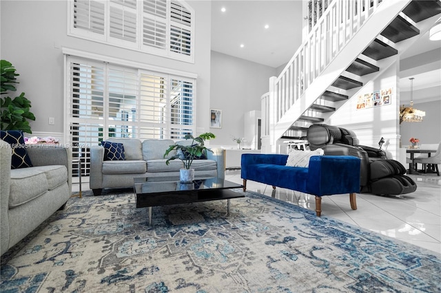 living room featuring tile patterned floors and a high ceiling