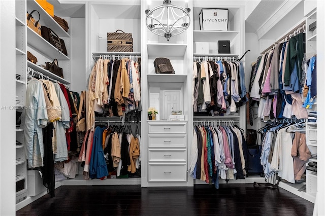 walk in closet featuring a notable chandelier and dark wood-type flooring