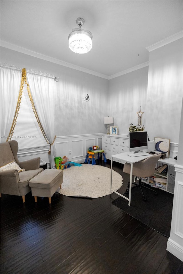 interior space with hardwood / wood-style floors and ornamental molding