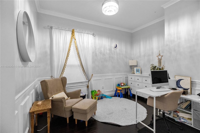 office area with dark hardwood / wood-style flooring and crown molding