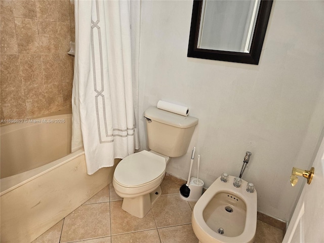 bathroom with a bidet, shower / bath combination with curtain, tile patterned floors, and toilet