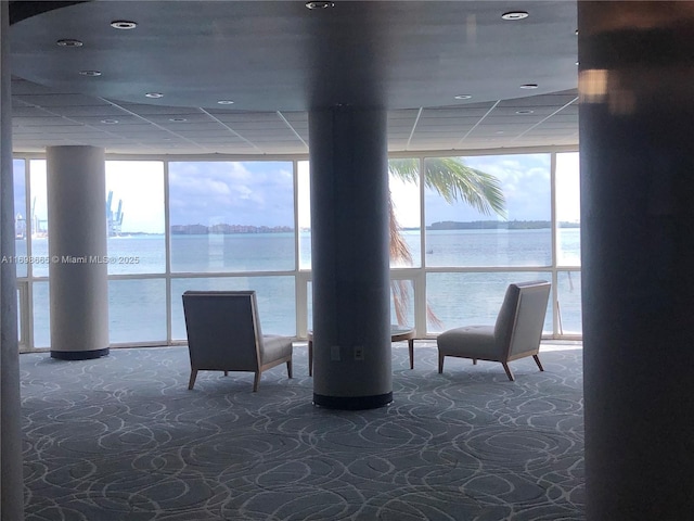 community lobby with a water view