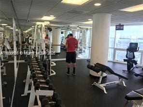 gym with a paneled ceiling and floor to ceiling windows