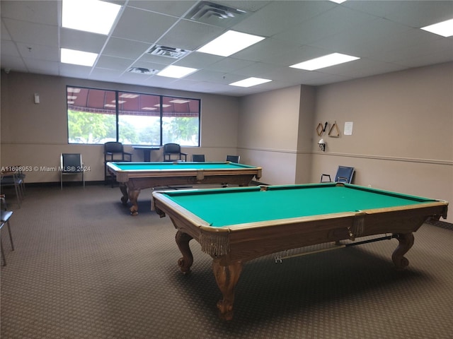 rec room featuring pool table, a paneled ceiling, and carpet flooring