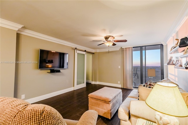 living room with ornamental molding, a wall of windows, dark wood-type flooring, and ceiling fan