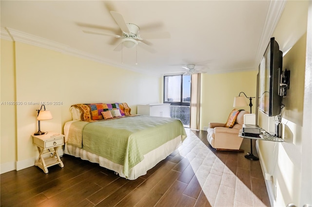 bedroom with ceiling fan, crown molding, and dark hardwood / wood-style floors