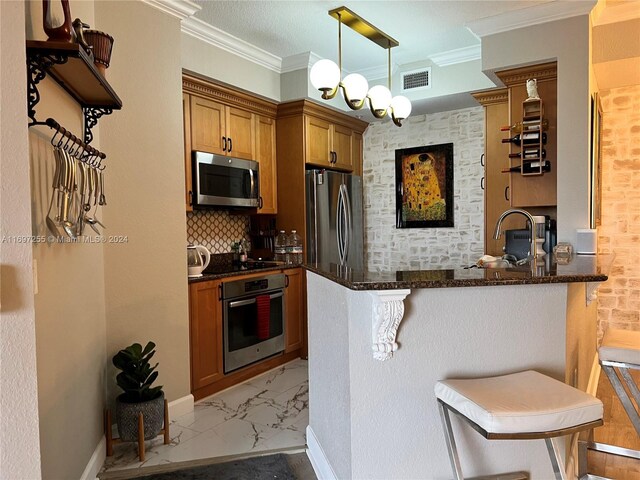 1660 Renaissance Commons Blvd Unit 2518, Boynton Beach, FL 33426 - kitchen with appliances with stainless steel finishes, light marble finish flooring, brown cabinets, ornamental molding, and a breakfast bar area