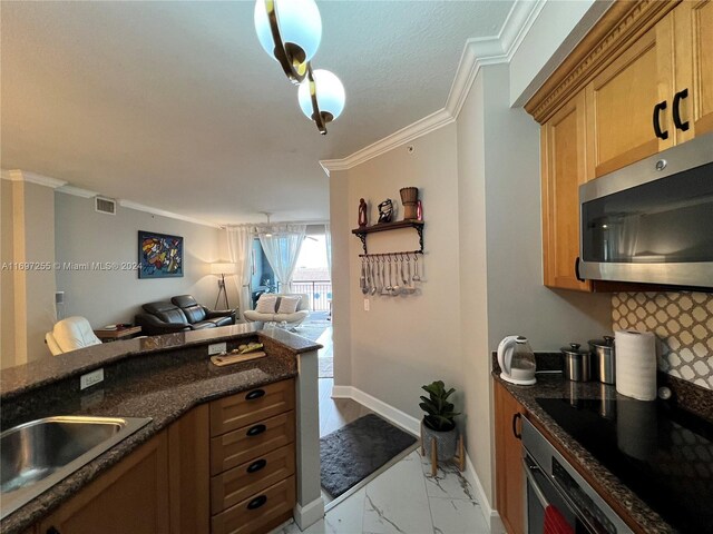 1660 Renaissance Commons Blvd Unit 2518, Boynton Beach, FL 33426 - kitchen featuring stainless steel microwave, light marble finish floors, open floor plan, crown molding, and oven