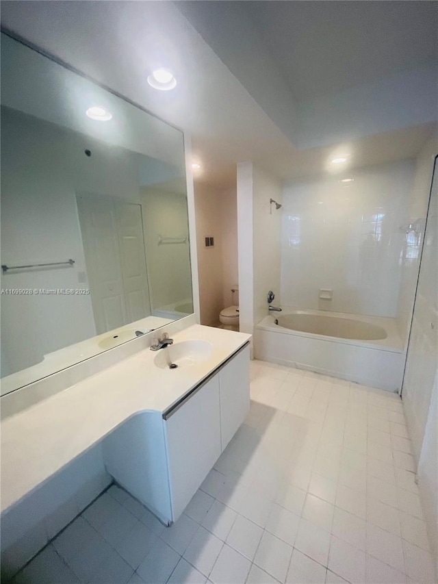 full bathroom featuring shower / bathing tub combination, vanity, and toilet