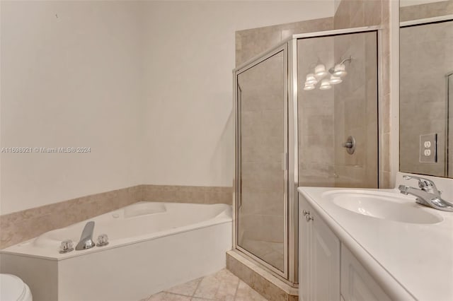 full bathroom featuring tile patterned flooring, vanity, toilet, and plus walk in shower