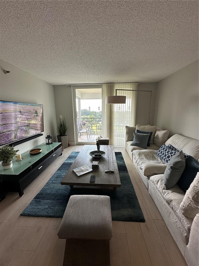 living room featuring a textured ceiling and light hardwood / wood-style flooring