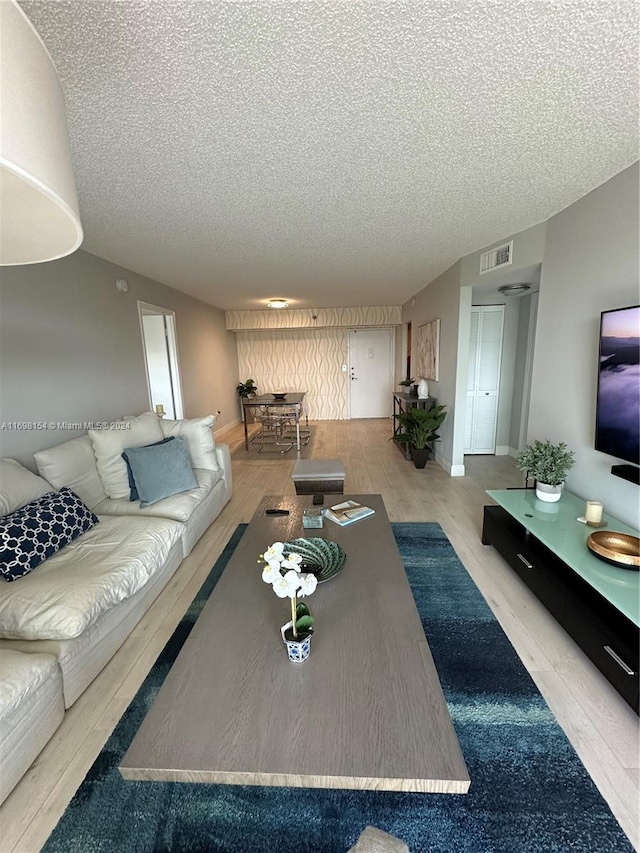 living room with wood-type flooring and a textured ceiling