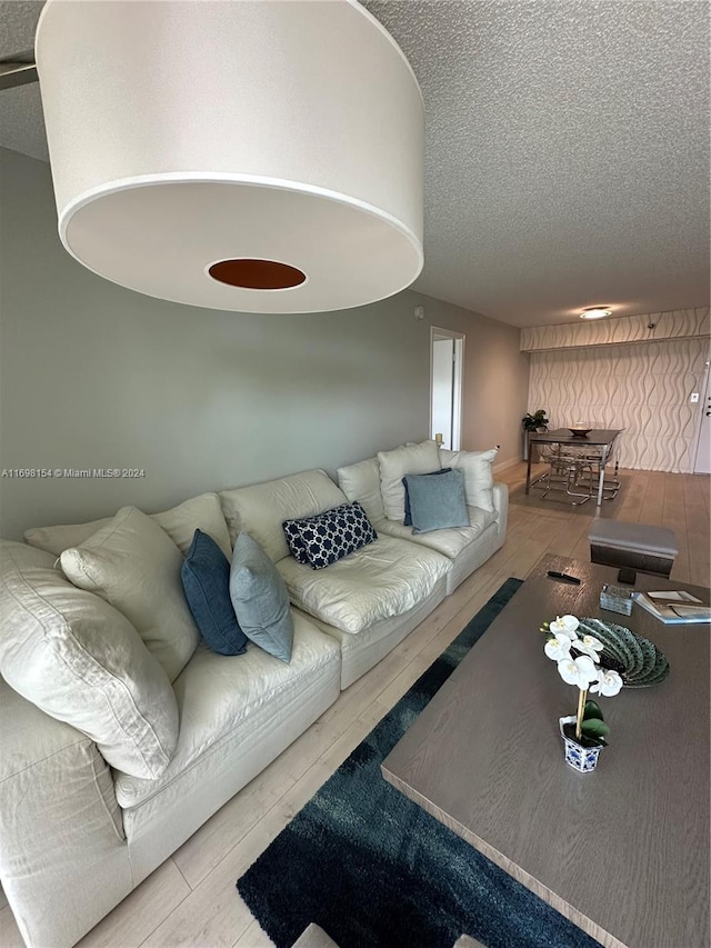 living room featuring wood-type flooring and a textured ceiling