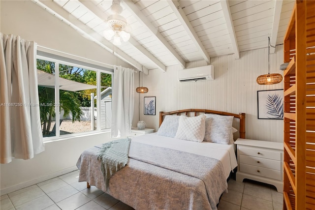 tiled bedroom with lofted ceiling with beams, wood walls, wood ceiling, and a wall unit AC