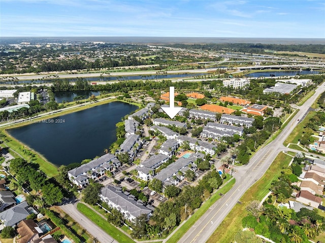 aerial view featuring a water view