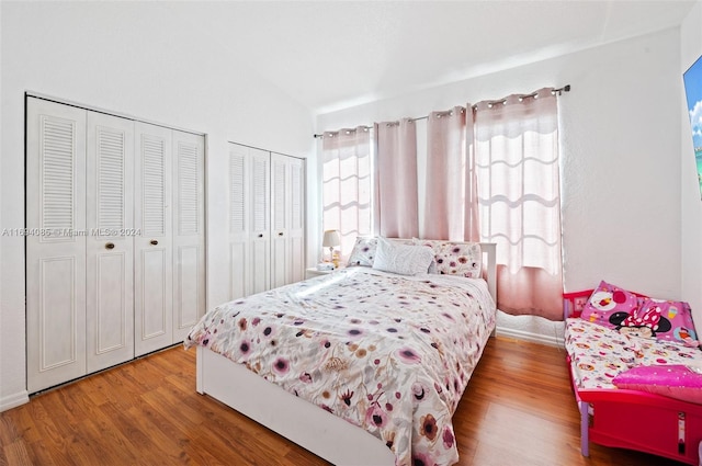 bedroom featuring multiple windows, multiple closets, and hardwood / wood-style floors