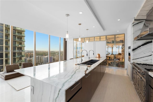 kitchen featuring light stone counters, expansive windows, a spacious island, sink, and pendant lighting