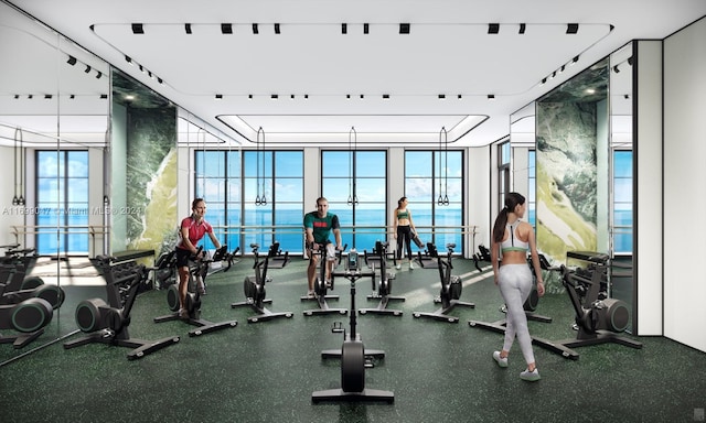 gym featuring a water view