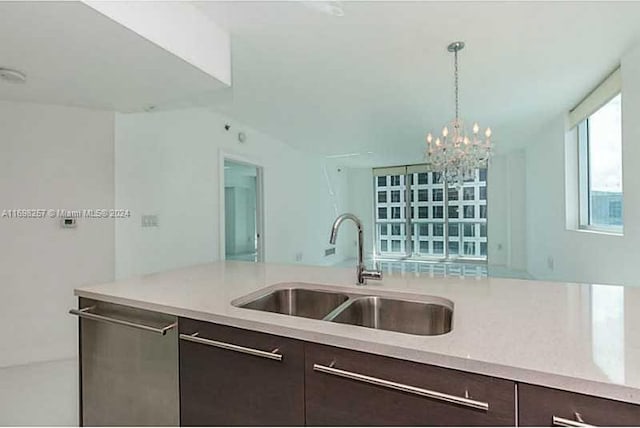 500 Brickell Ave Unit 2910, Miami, FL 33131 - kitchen with stainless steel dishwasher, decorative light fixtures, dark brown cabinetry, and sink