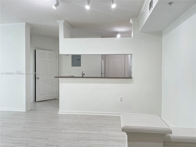 kitchen featuring light wood-type flooring, a textured ceiling, and electric panel