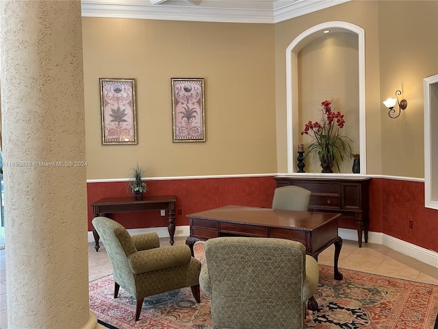 living area featuring ornamental molding and light tile patterned floors