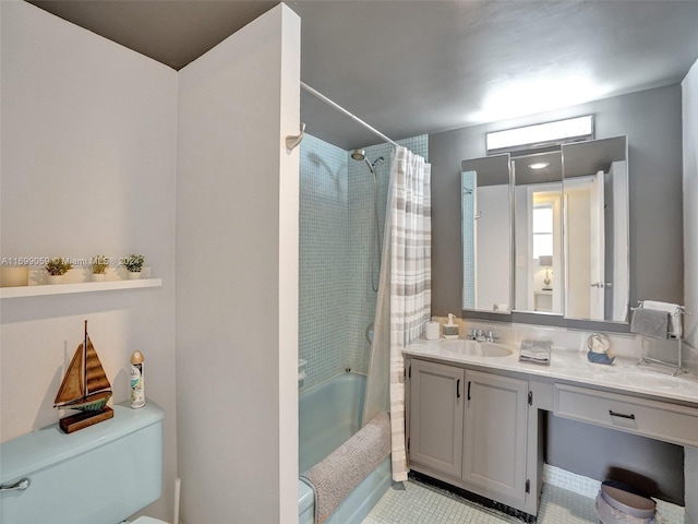 full bathroom with tile patterned flooring, shower / tub combo, vanity, and toilet