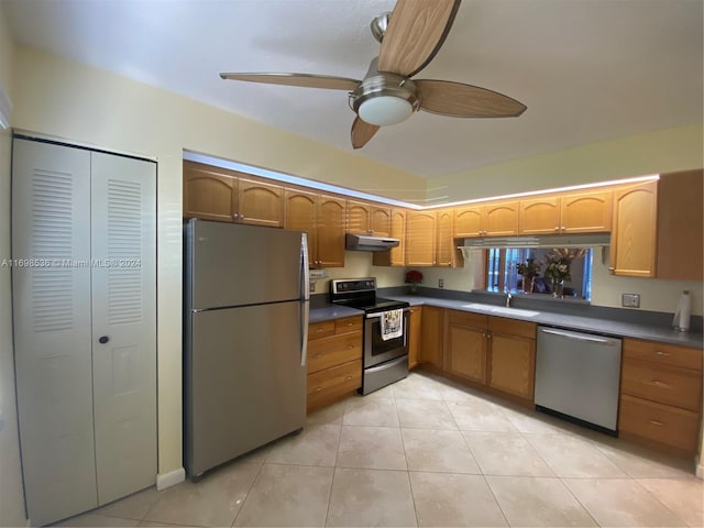 kitchen with ceiling fan, light tile patterned floors, sink, and appliances with stainless steel finishes