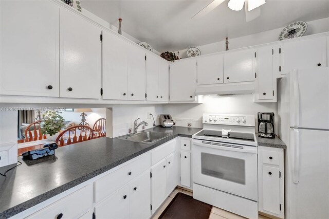 kitchen with white cabinets, white appliances, ceiling fan, and sink