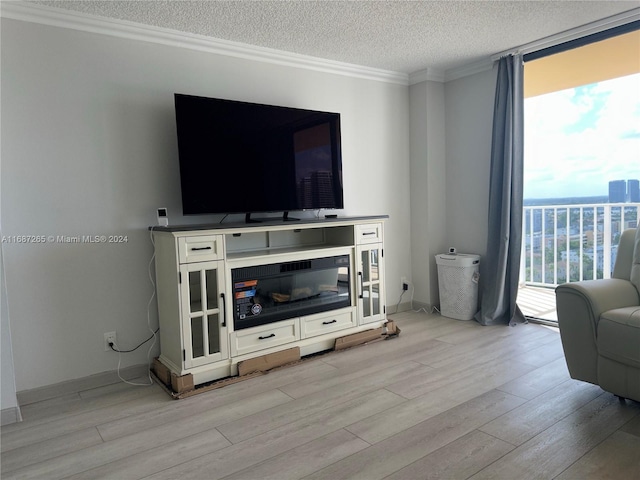 living room featuring light hardwood / wood-style floors, crown molding, and a textured ceiling