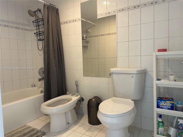 bathroom featuring tile patterned floors, a bidet, shower / bathtub combination with curtain, tile walls, and toilet