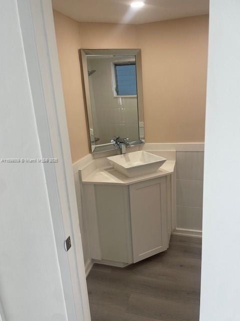 bathroom featuring wood-type flooring and vanity