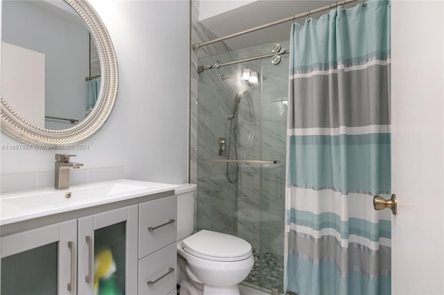 bathroom featuring toilet, vanity, and walk in shower