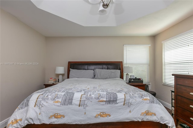 bedroom featuring a raised ceiling and ceiling fan