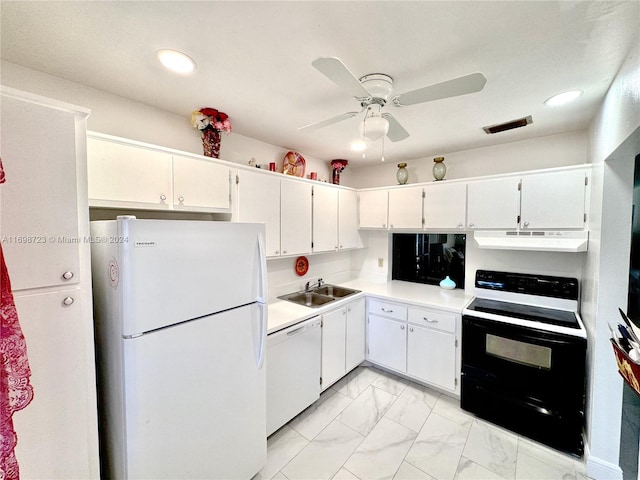 kitchen with white cabinets, white appliances, ceiling fan, and sink