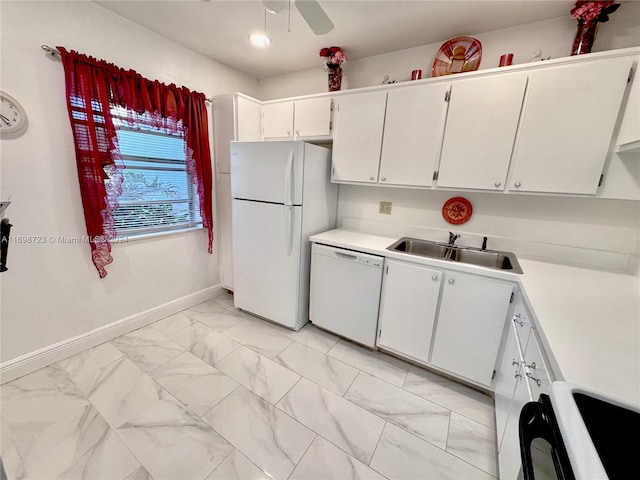 kitchen featuring ceiling fan, white cabinetry, white appliances, and sink