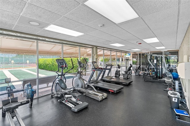 gym with a wall of windows and a drop ceiling