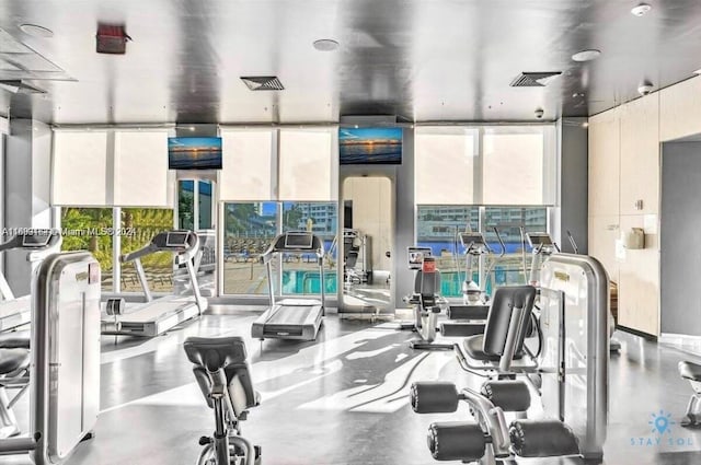 gym with floor to ceiling windows