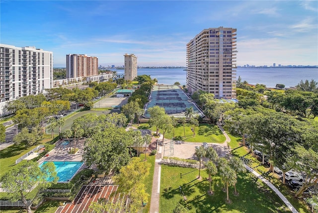 bird's eye view with a water view