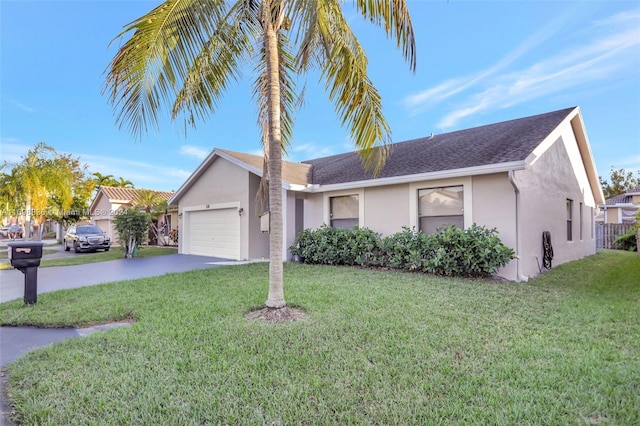 ranch-style home with a front yard and a garage