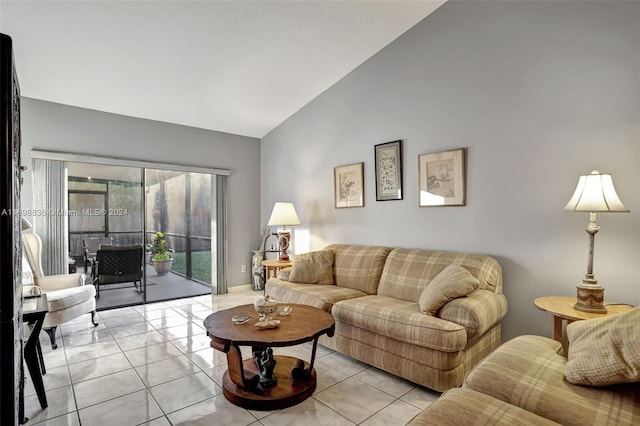 tiled living room with lofted ceiling