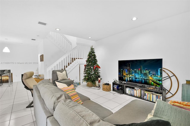 living room with light tile patterned flooring