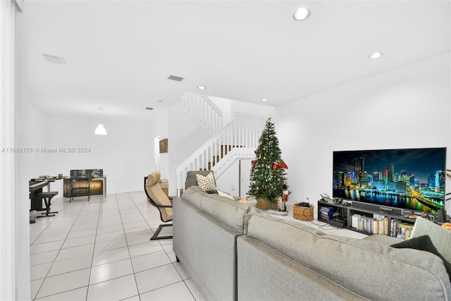 living room with tile patterned flooring