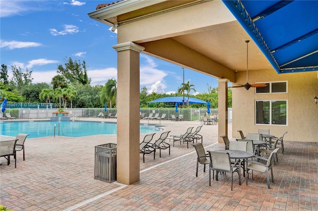 view of swimming pool featuring a patio area and ceiling fan