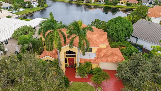 drone / aerial view with a water view