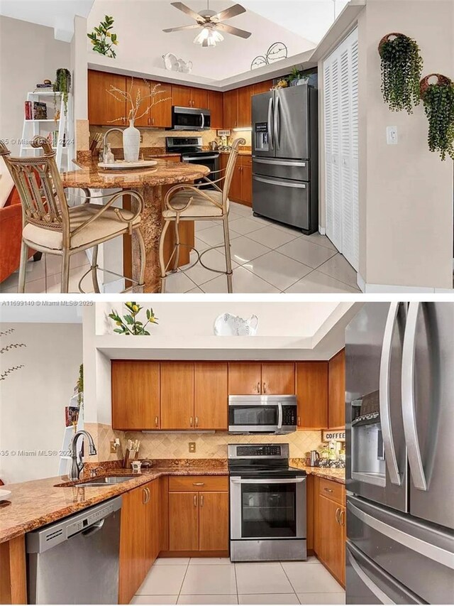 kitchen with backsplash, sink, ceiling fan, light tile patterned floors, and stainless steel appliances