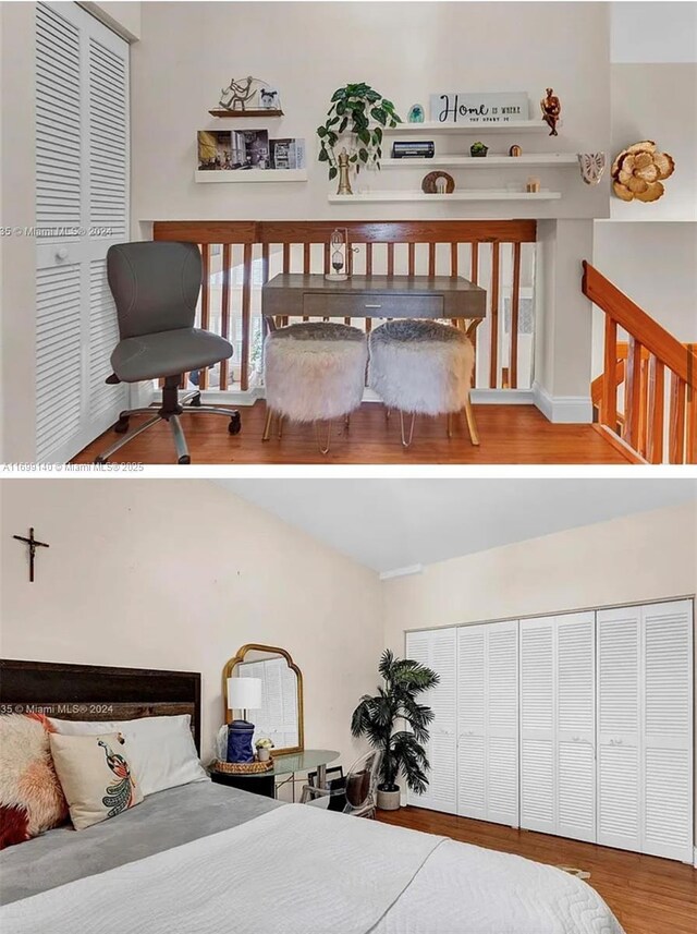 bedroom featuring wood-type flooring and a closet